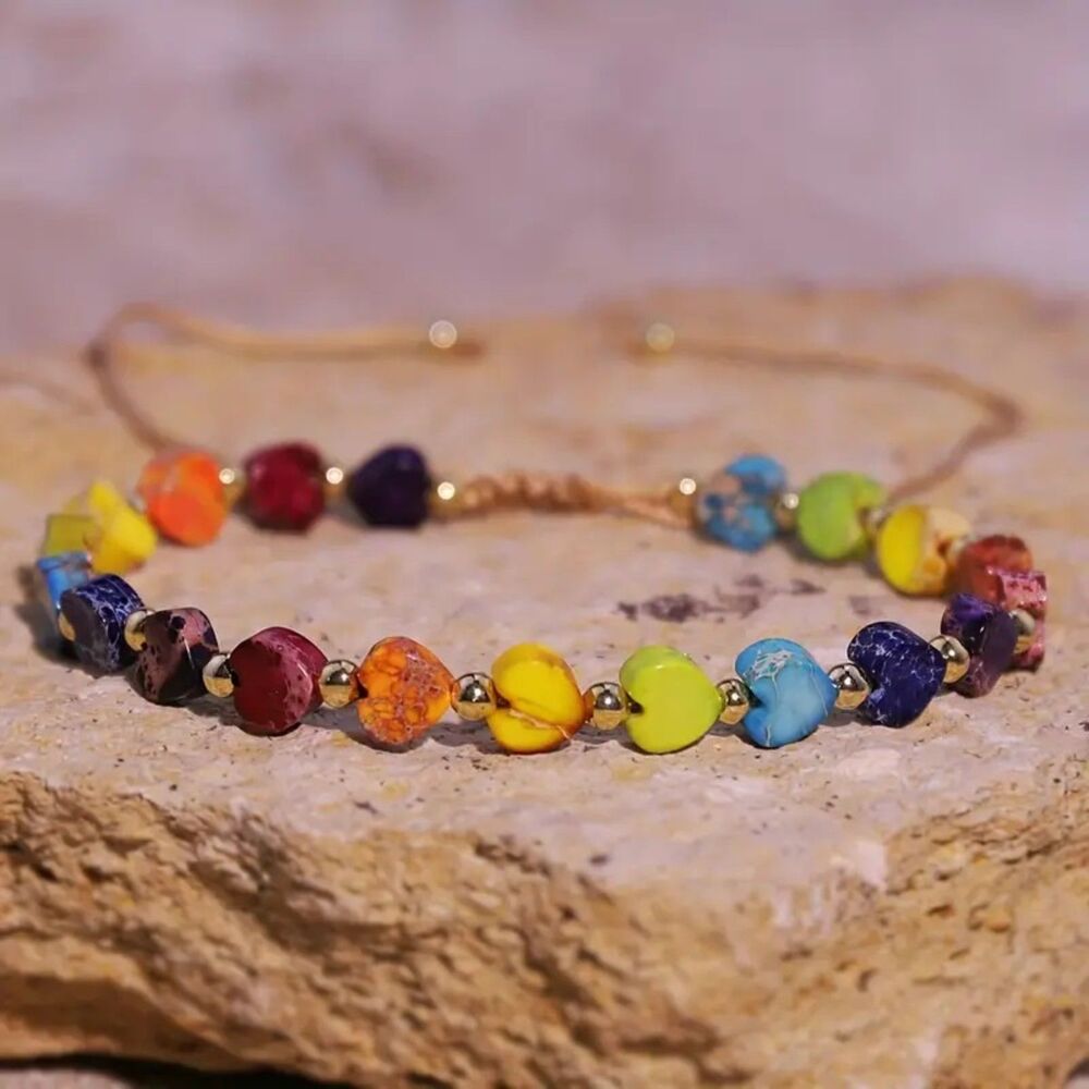 Natural Multi Color Jasper Gemstone Heart Beaded Bracelet Meaningful Crystal